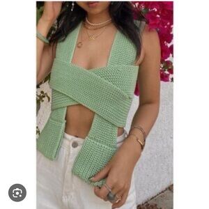 Simonett Nanu Knit Empire Waist Wrap Crop Top in Green, Size S/M